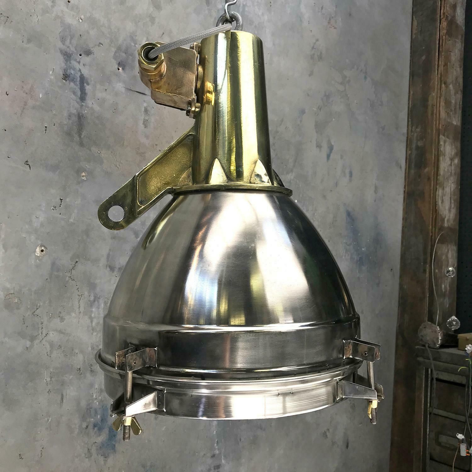 1970s Japanese Large Stainless Steel, Cast Brass And Glass Search Light Pendant photo Lighting