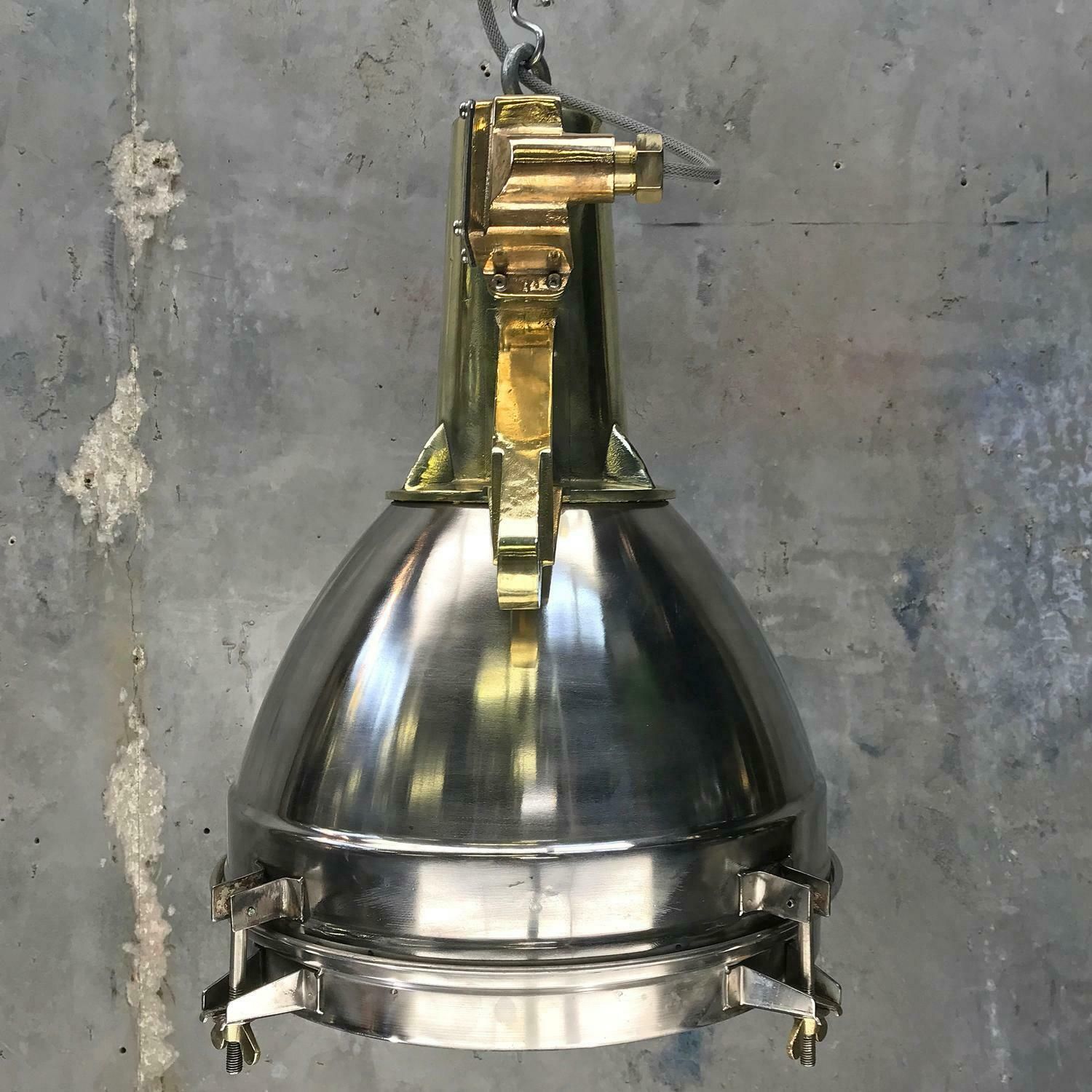 1970s Japanese Large Stainless Steel, Cast Brass And Glass Search Light Pendant photo buy