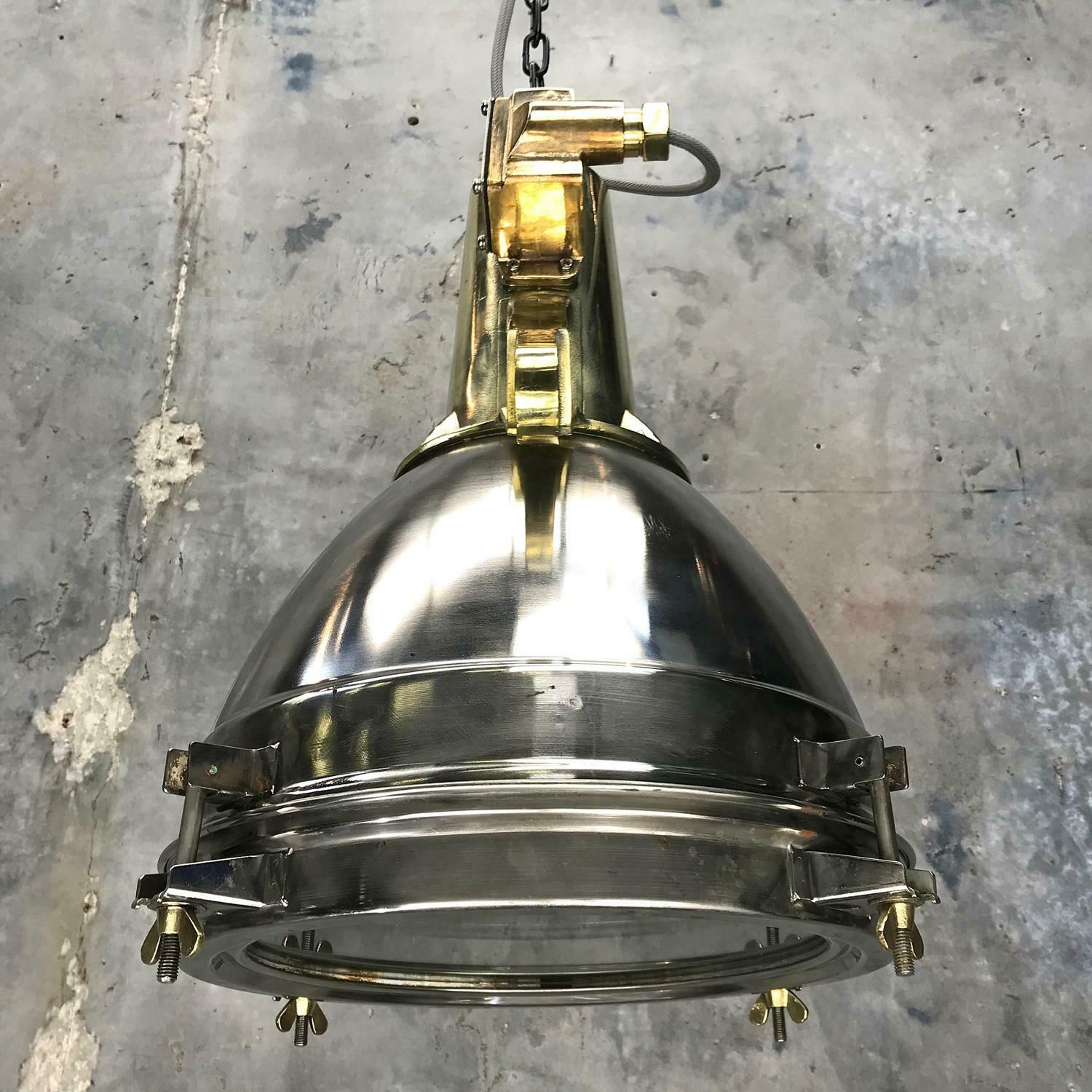 photo furniture 1970s Japanese Large Stainless Steel, Cast Brass And Glass Search Light Pendant