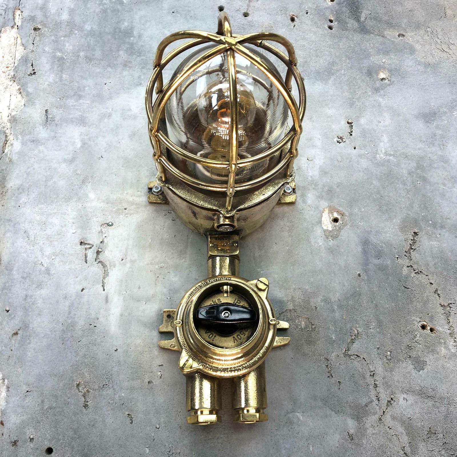 photo for sale 1970s German Cast Brass Explosion Proof Wall Light Glass Shade And Roundabout Switch