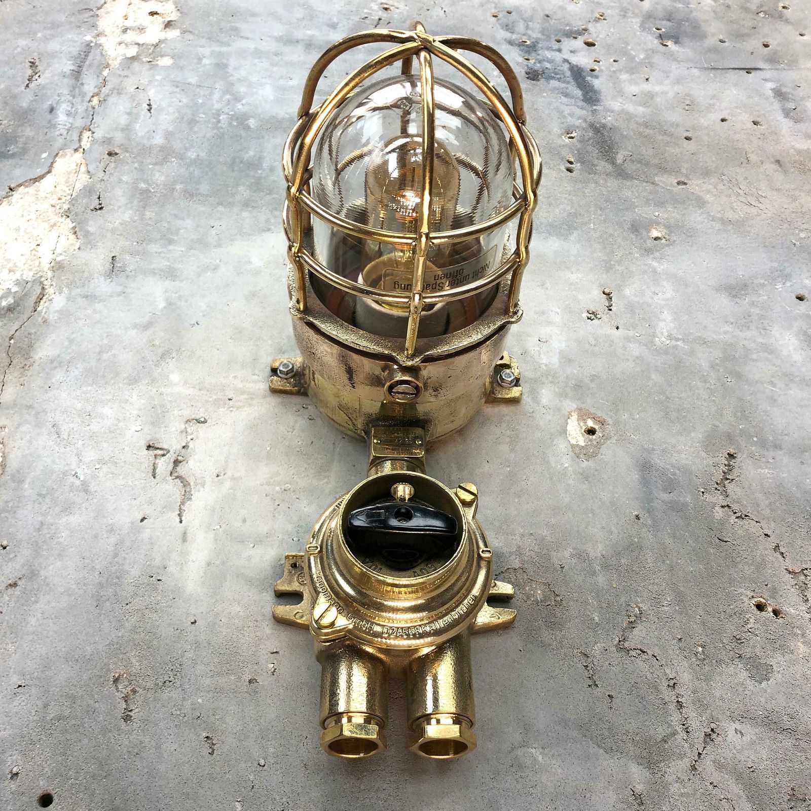 360.0 1970s German Cast Brass Explosion Proof Wall Light Glass Shade And Roundabout Switch photo
