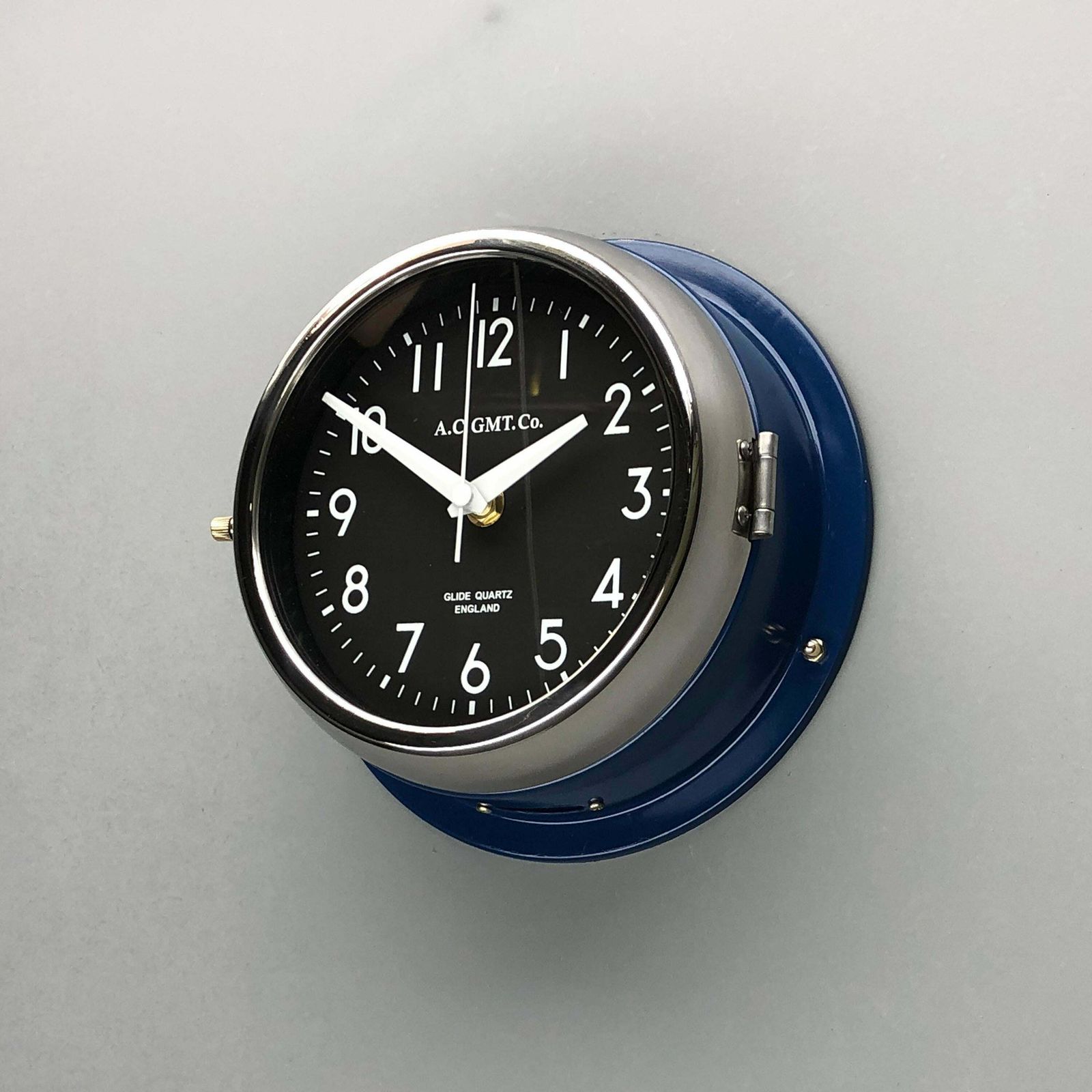 1970s British Classic Blue & Chrome Ac.Gmt.Co. Industrial Wall Clock Black Dial photo 195.0