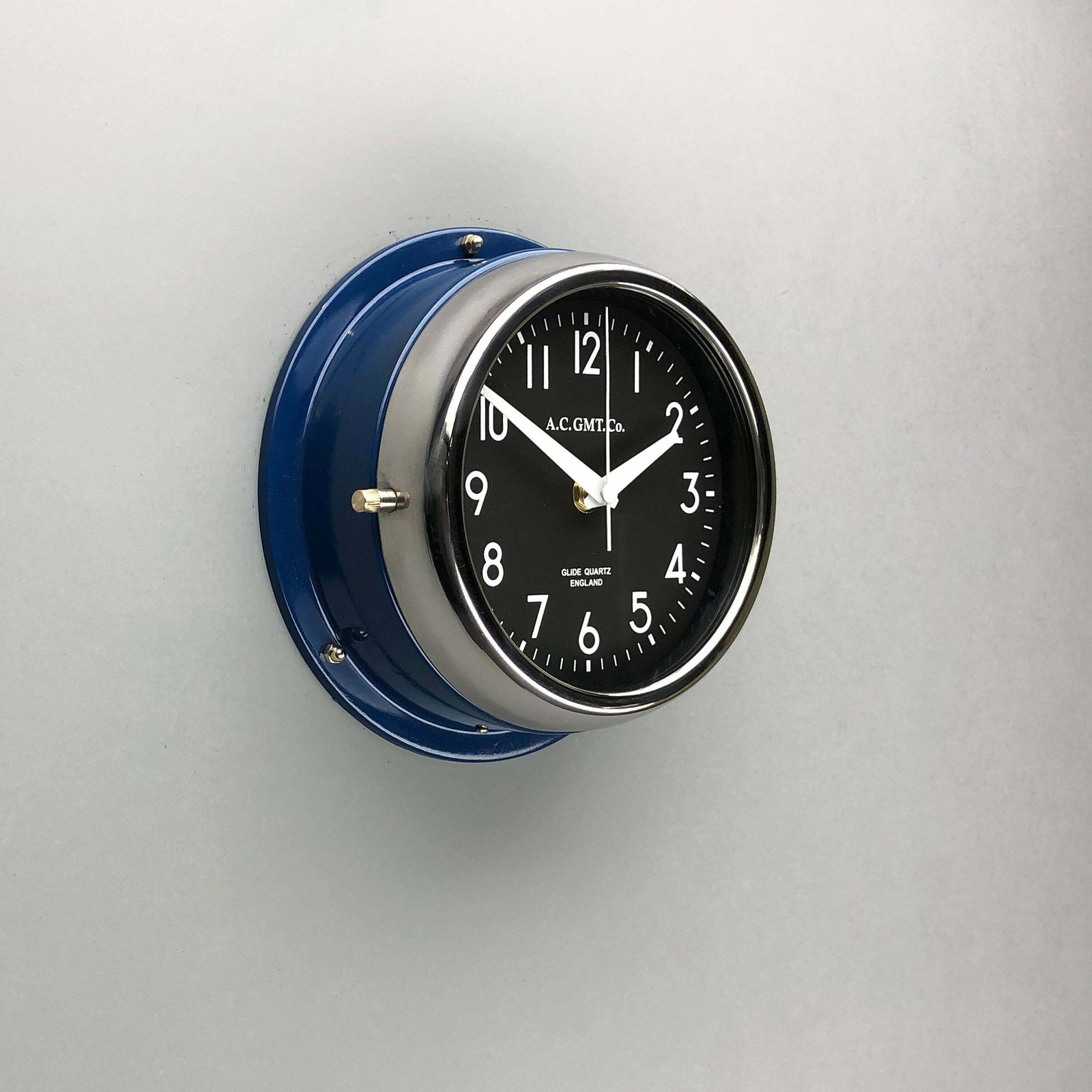 1970s British Classic Blue & Chrome Ac.Gmt.Co. Industrial Wall Clock Black Dial photo buy