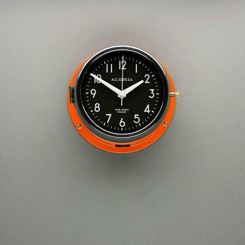1970s British Orange & Chrome Ac Gmt Co. Industrial Wall Clock Black Dial photo furniture