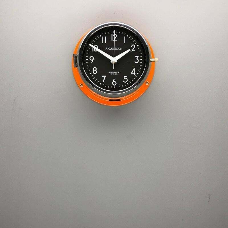 1970s British Orange & Chrome Ac Gmt Co. Industrial Wall Clock Black Dial photo for sale