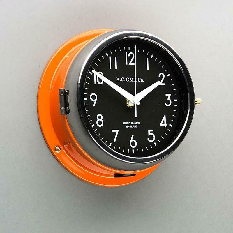 1970s British Orange & Chrome Ac Gmt Co. Industrial Wall Clock Black Dial photo vintage