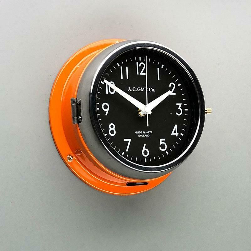 photo furniture 1970s British Orange & Chrome Ac Gmt Co. Industrial Wall Clock Black Dial