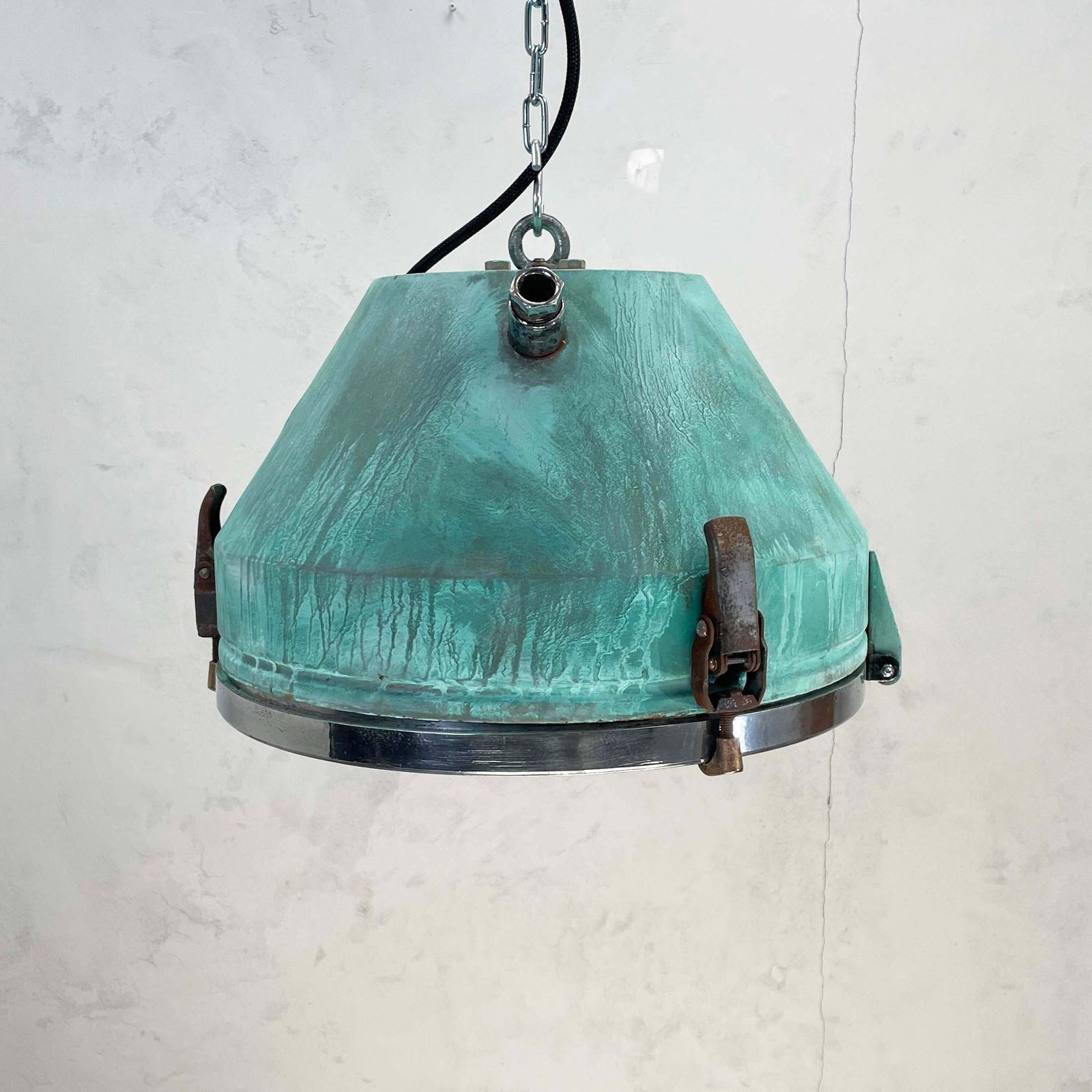 1970''S German Veb Steel & Copper Verdigris Industrial Pendant Lamp, Teal Finish photo buy