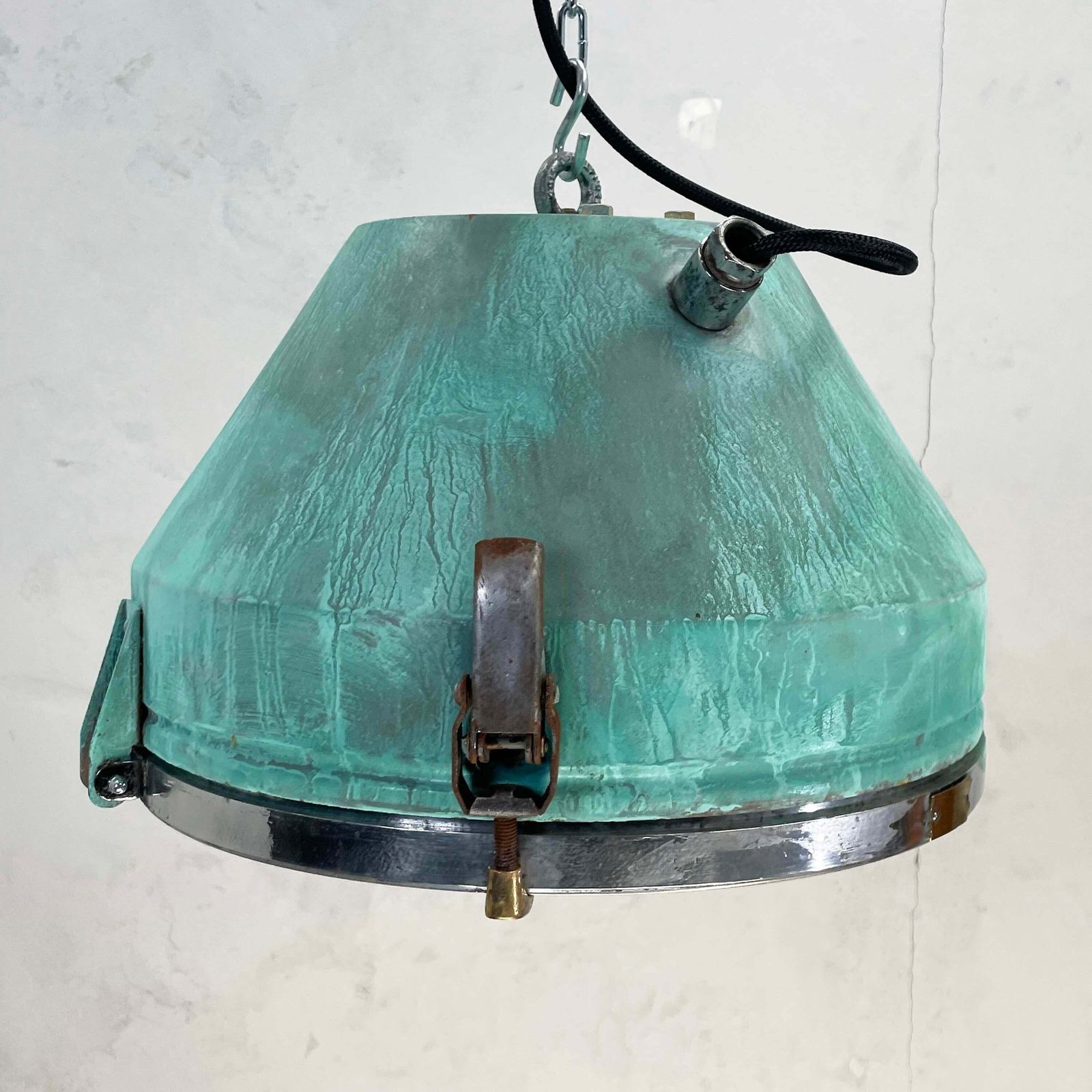photo vinterior 1970''S German Veb Steel & Copper Verdigris Industrial Pendant Lamp, Teal Finish