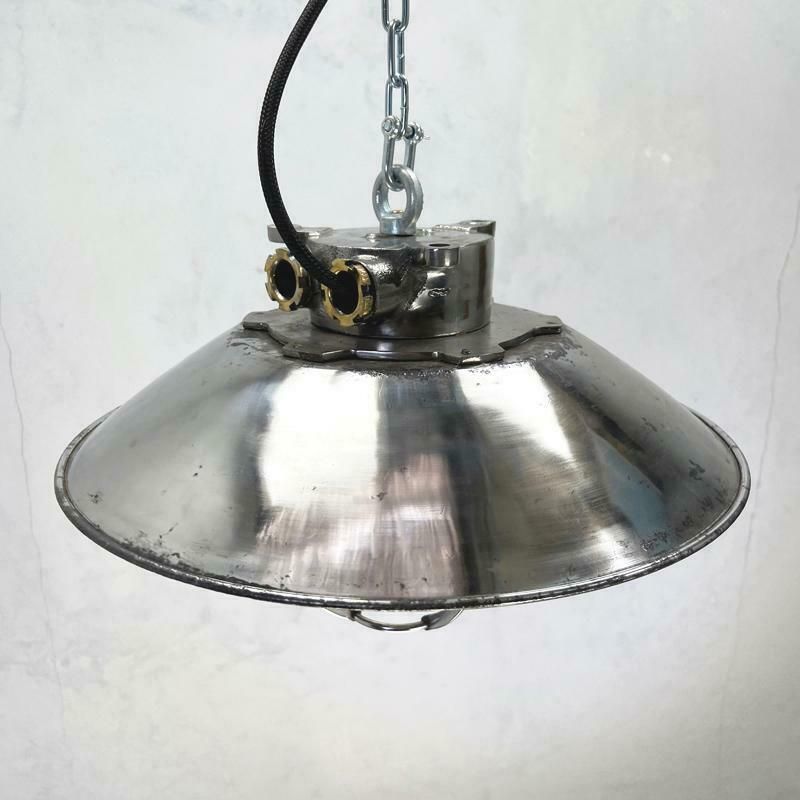 photo furniture 1980''S Japanese Cast Steel Explosion Proof Pendant, Cage & Glass Shade, Large