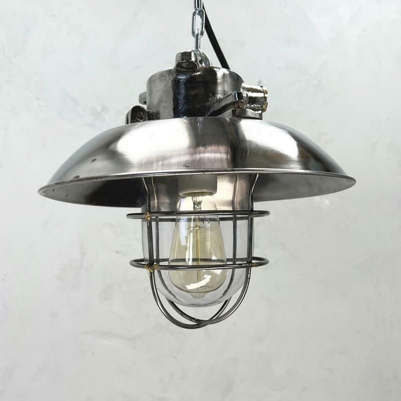 1980''S Japanese Cast Steel Explosion Proof Pendant, Cage & Glass Shade