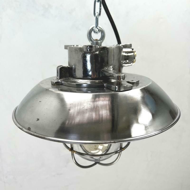 1980''S Japanese Cast Steel Explosion Proof Pendant, Cage & Glass Shade photo furniture