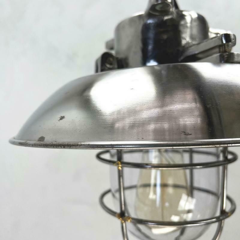 1980''S Japanese Cast Steel Explosion Proof Pendant, Cage & Glass Shade photo 325.0