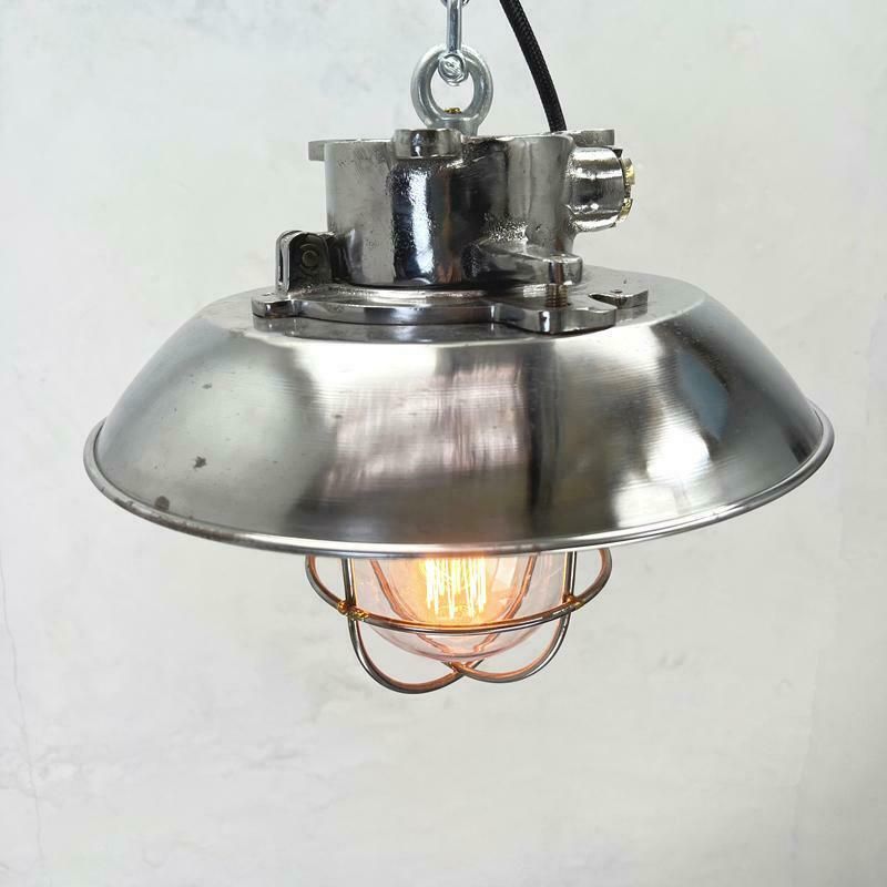 1980''S Japanese Cast Steel Explosion Proof Pendant, Cage & Glass Shade photo buy