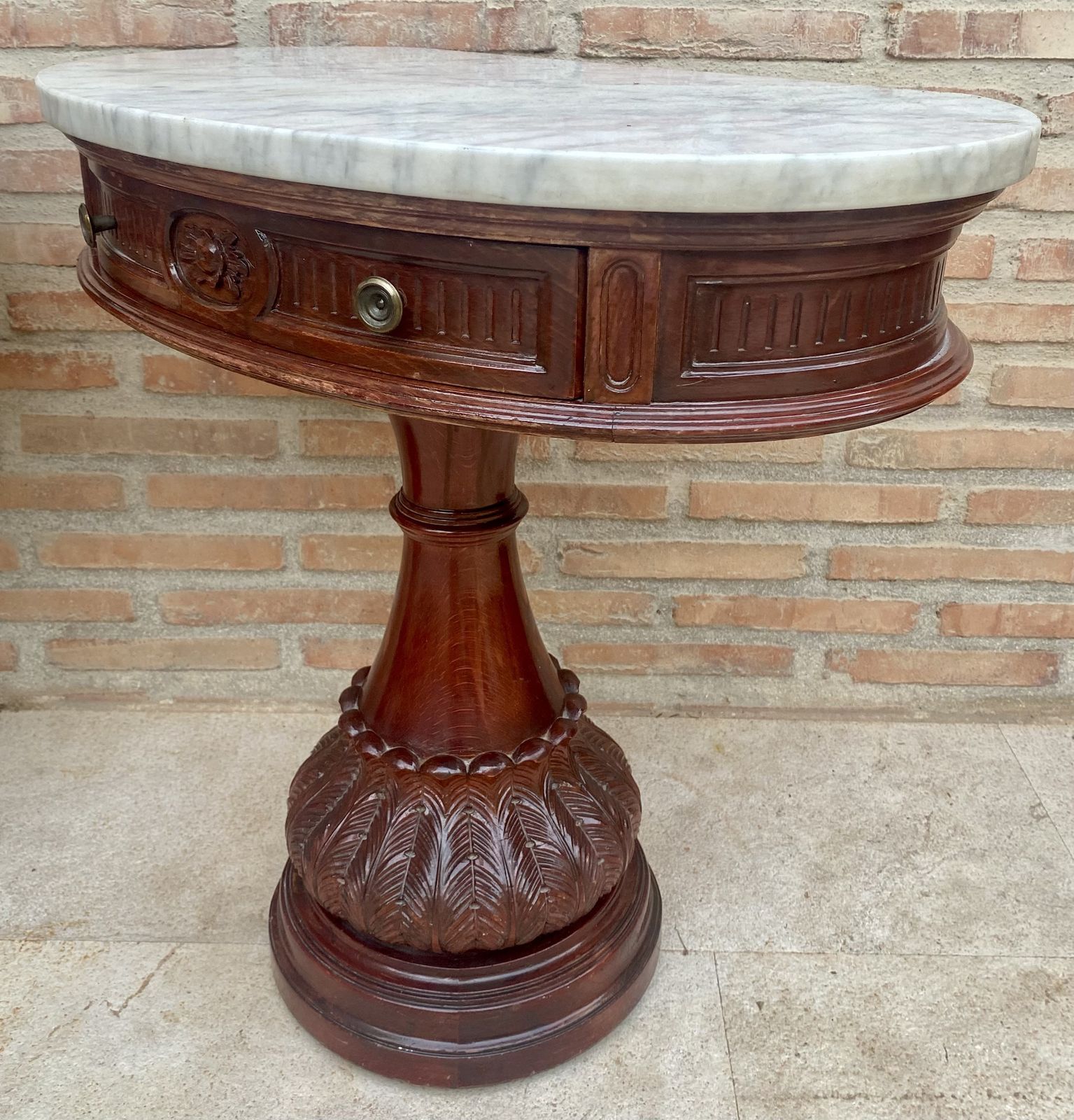 Furniture Pair Of Carved Wood Demi Lune Side Tables Or Nightstands With One Drawer And Marble Top photo