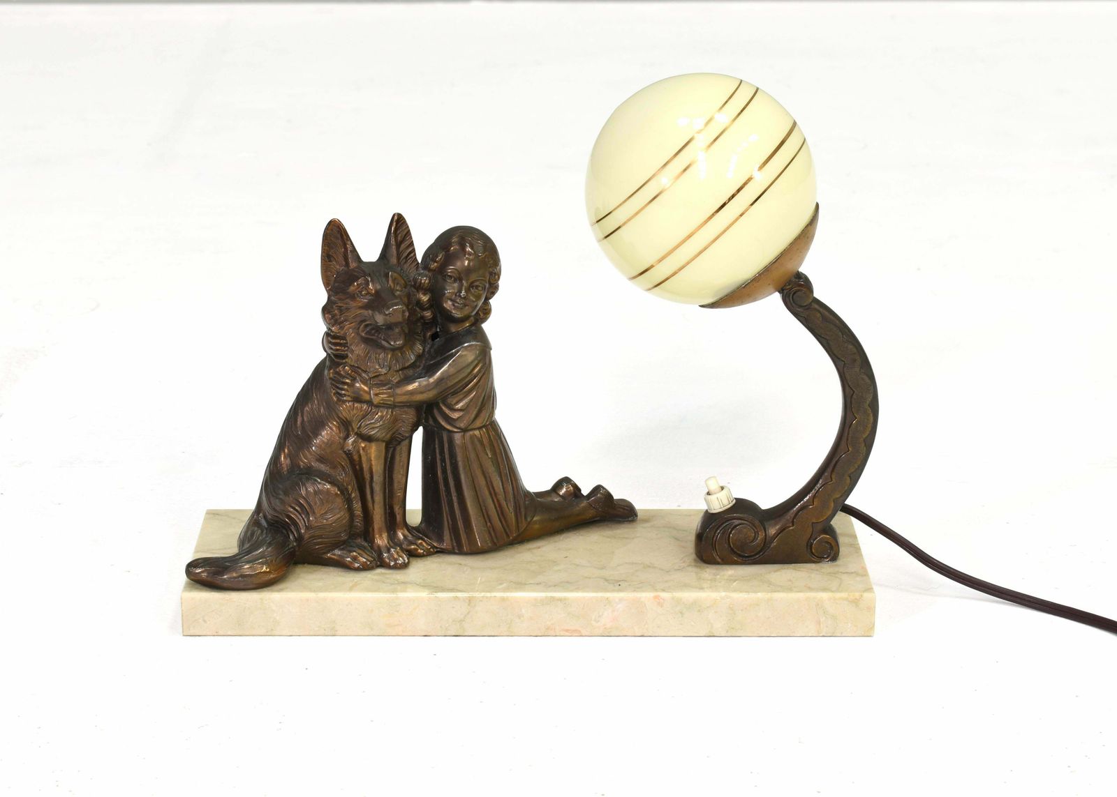 French Art Deco Desk Table Lamp Girl And German Shepherd Sculpture, Circa 1930 photo furniture