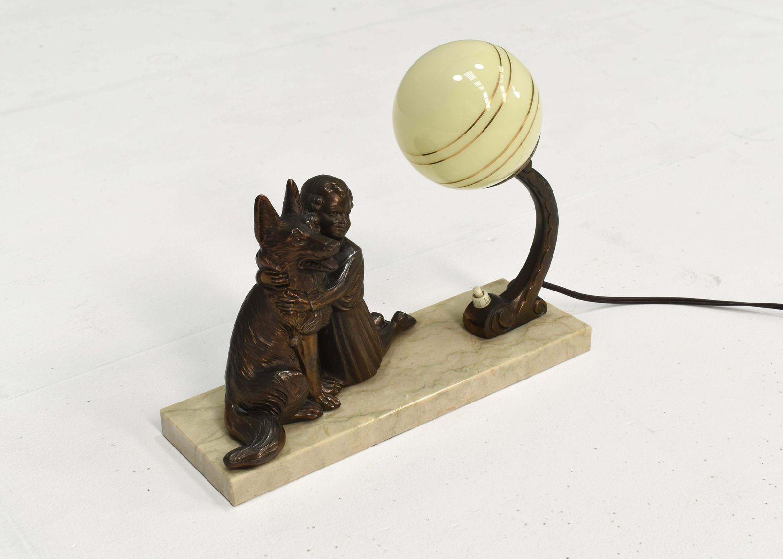 French Art Deco Desk Table Lamp Girl And German Shepherd Sculpture, Circa 1930 photo for sale