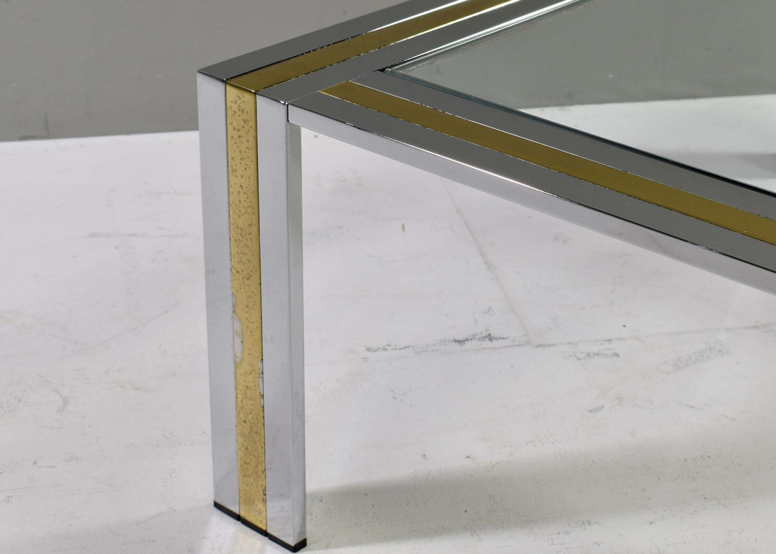 photo furniture Renato Zevi Square Coffee Table In Brass Chrome And Glass   Italy, Circa 1970