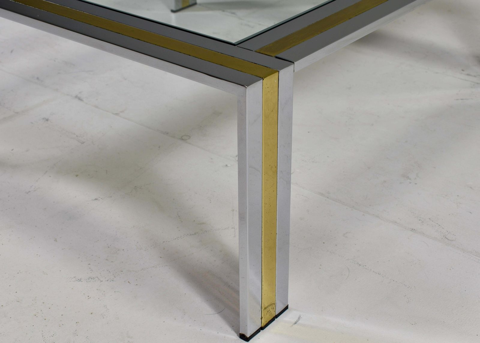 photo buy Renato Zevi Square Coffee Table In Brass Chrome And Glass   Italy, Circa 1970