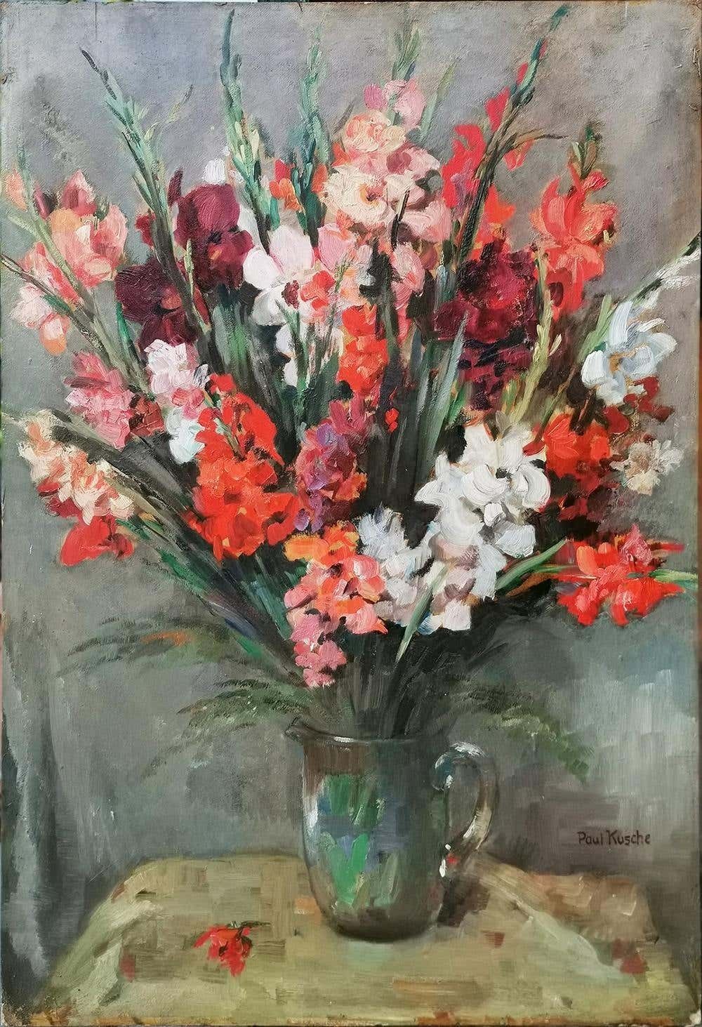 Still Life Oil Painting, Gladiolus By Paul Kusche, 1920 photo furniture