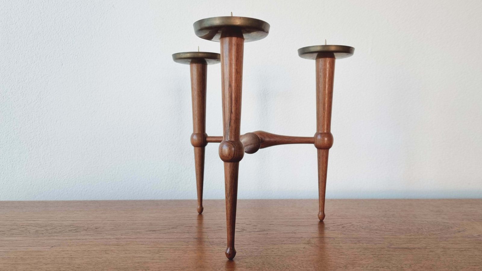 Midcentury Teak And Brass Rare Table Candle Holder / Stick, Denmark, 1960s photo Home Decor