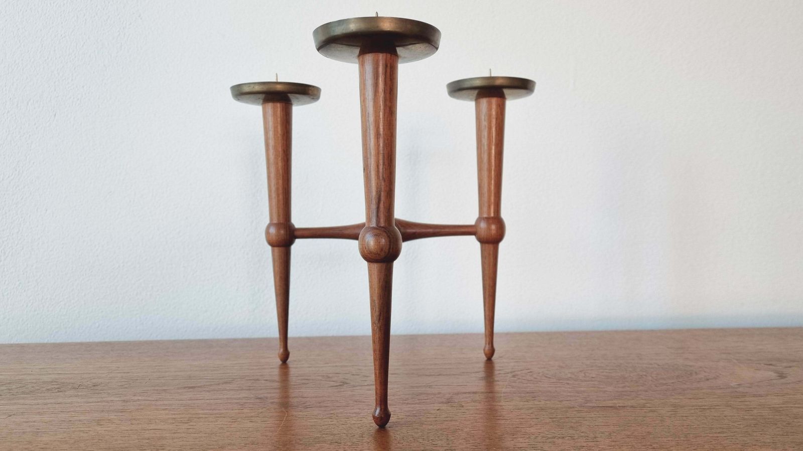 photo for sale Midcentury Teak And Brass Rare Table Candle Holder / Stick, Denmark, 1960s