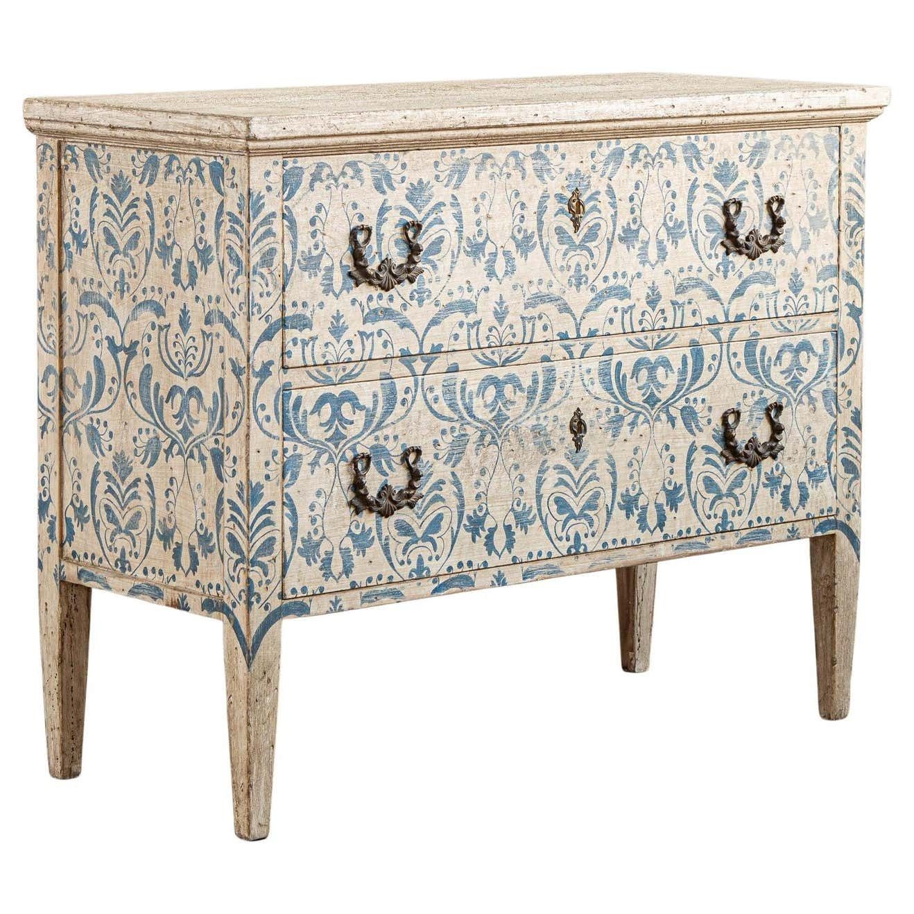 Blue & White Florentine Style Hand Painted Italian Chest Of Drawers/Commode