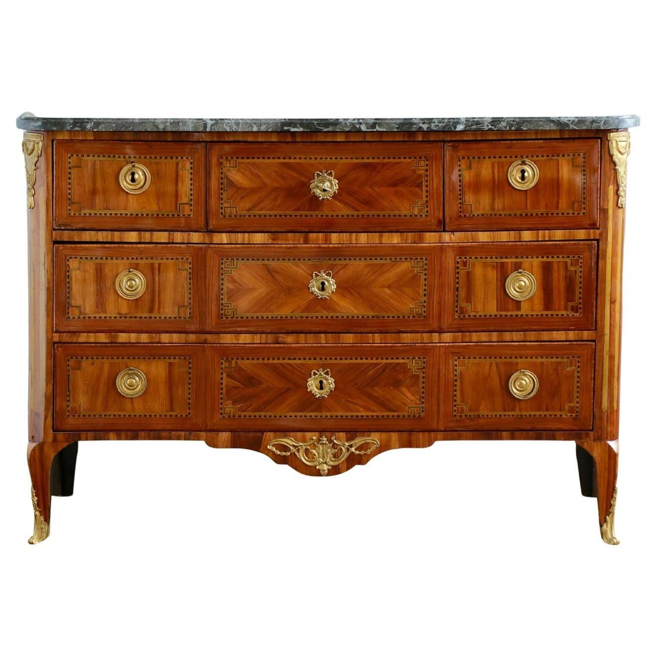 18th Century Marquetry Commode With Sainte Anne Grey Marble, Stamped By L.Aubry