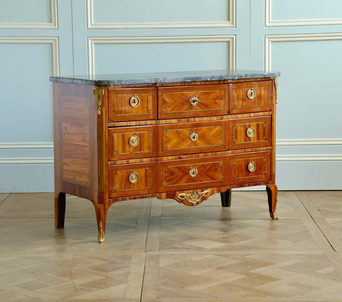 18th Century Marquetry Commode With Sainte Anne Grey Marble, Stamped By L.Aubry photo for sale