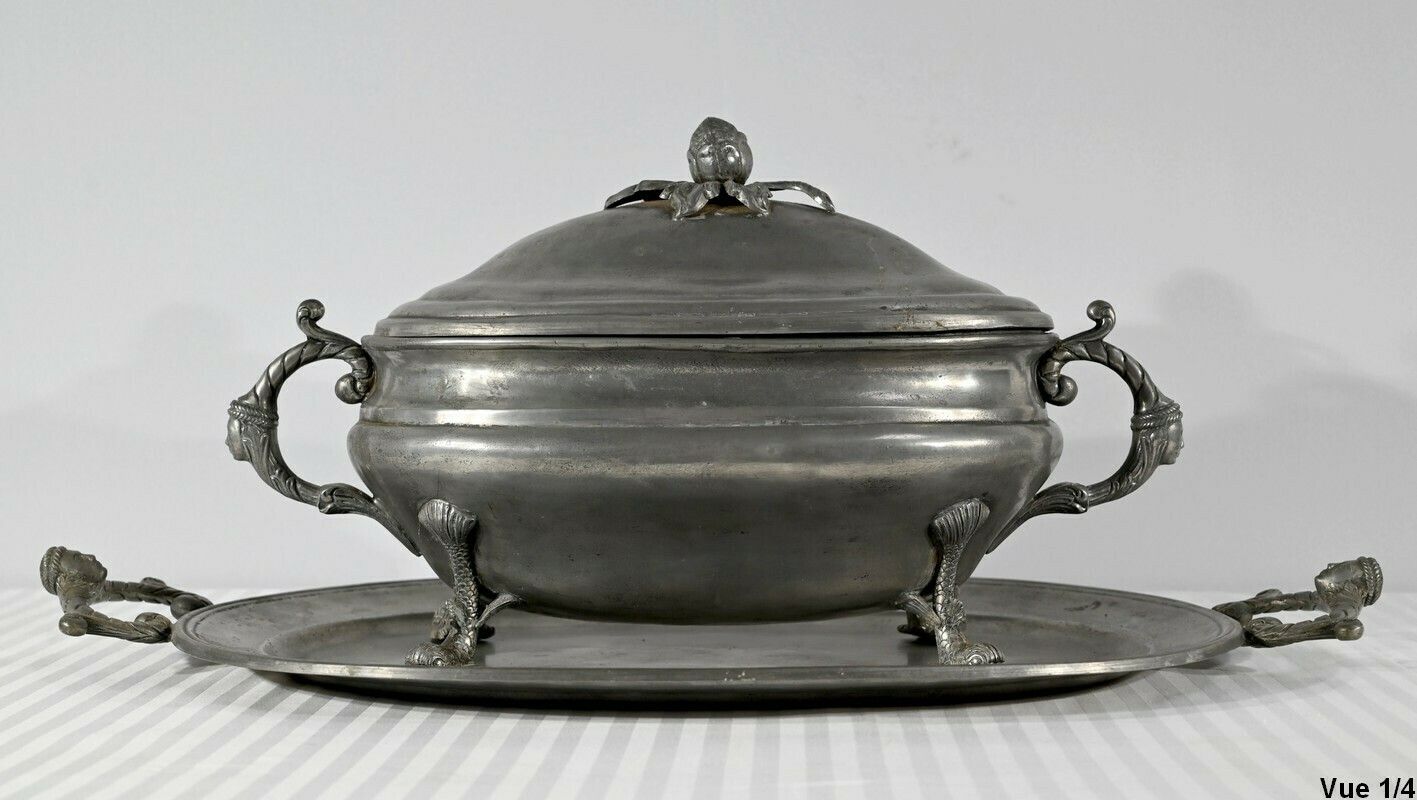 Tureen And Tray In Fine Pewter Stamped L. Houzeaux Early 20th Century photo Home Decor