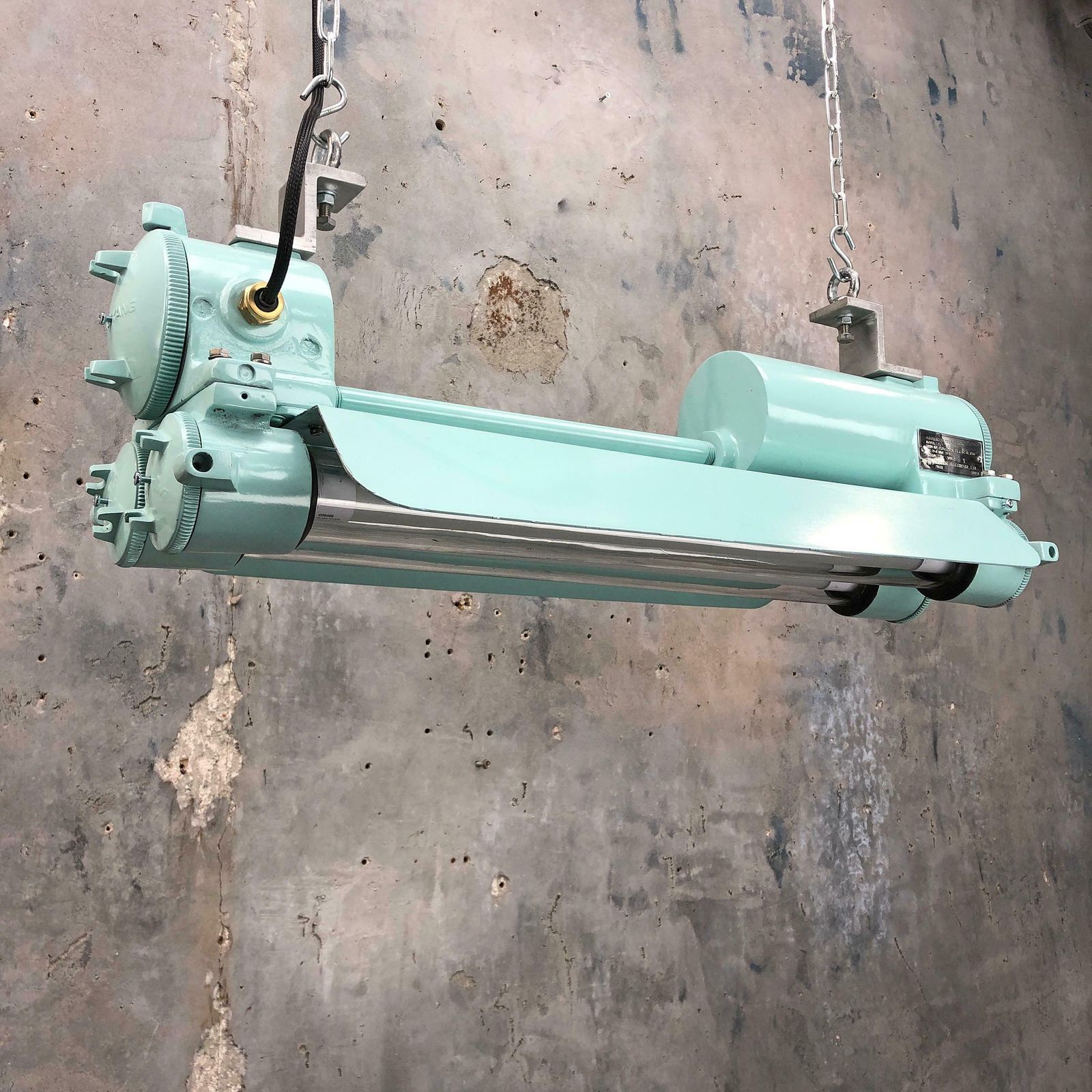 photo for sale 1970s Cast Aluminum, Brass And Glass Industrial Flame Proof Led Strip Light