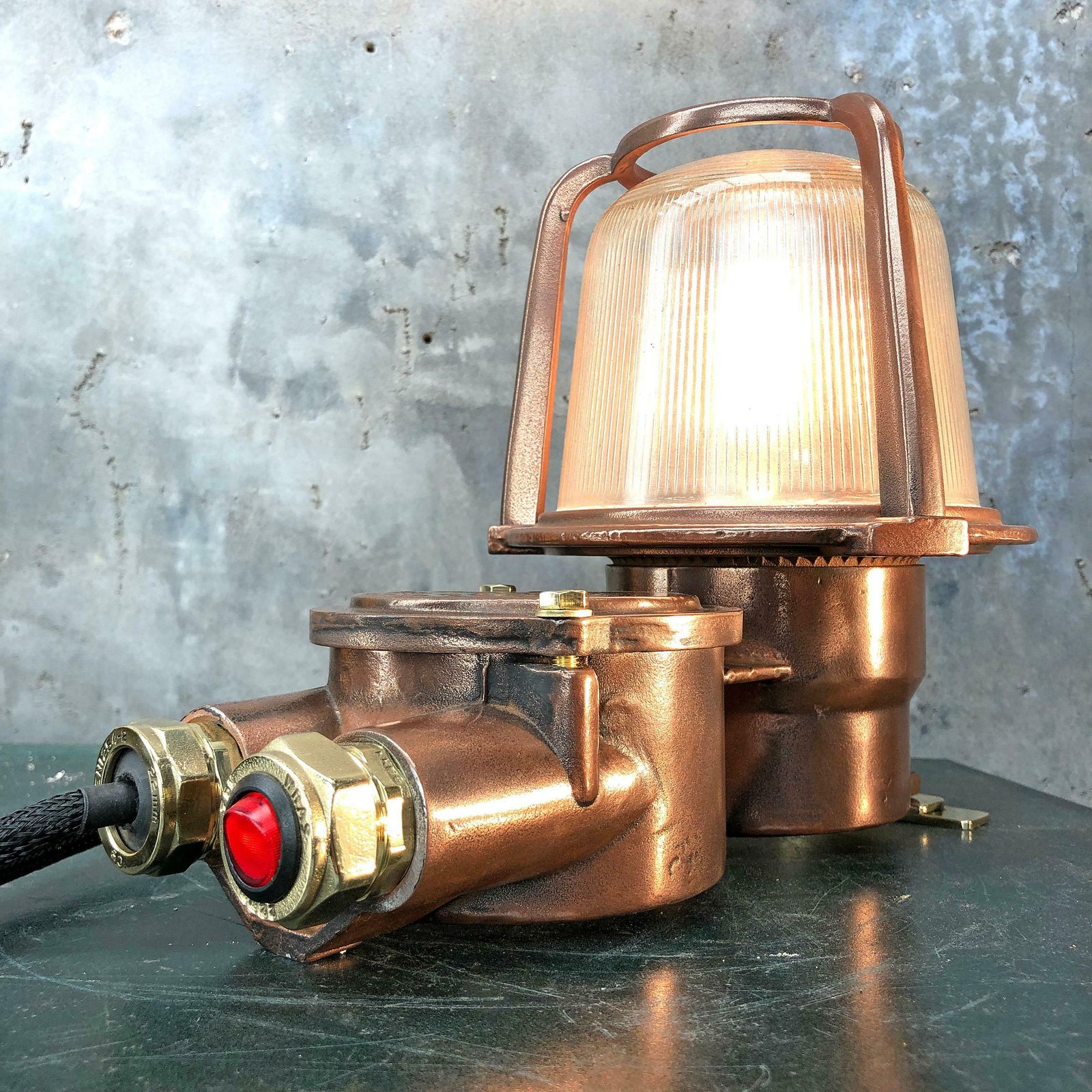 Lighting 1970s German Eow Gdr Copper, Brass And Holophane Glass Wall Light / Table Lamp photo
