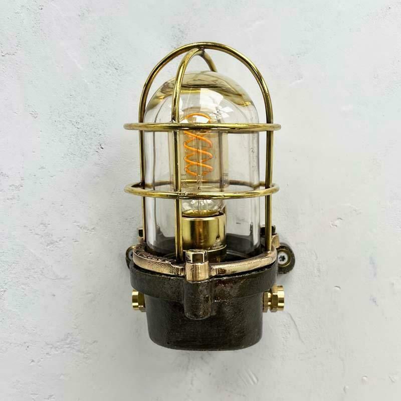 Late Century British Cast Steel, Brass & Bronze Wall Light, Cage & Glass Shade photo furniture