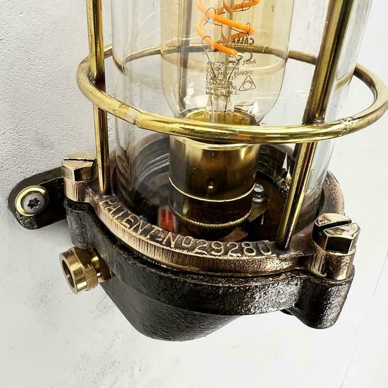 Late Century British Cast Steel, Brass & Bronze Wall Light, Cage & Glass Shade photo Lighting