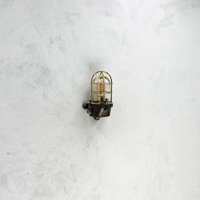 Late Century British Cast Steel, Brass & Bronze Wall Light, Cage & Glass Shade photo vintage