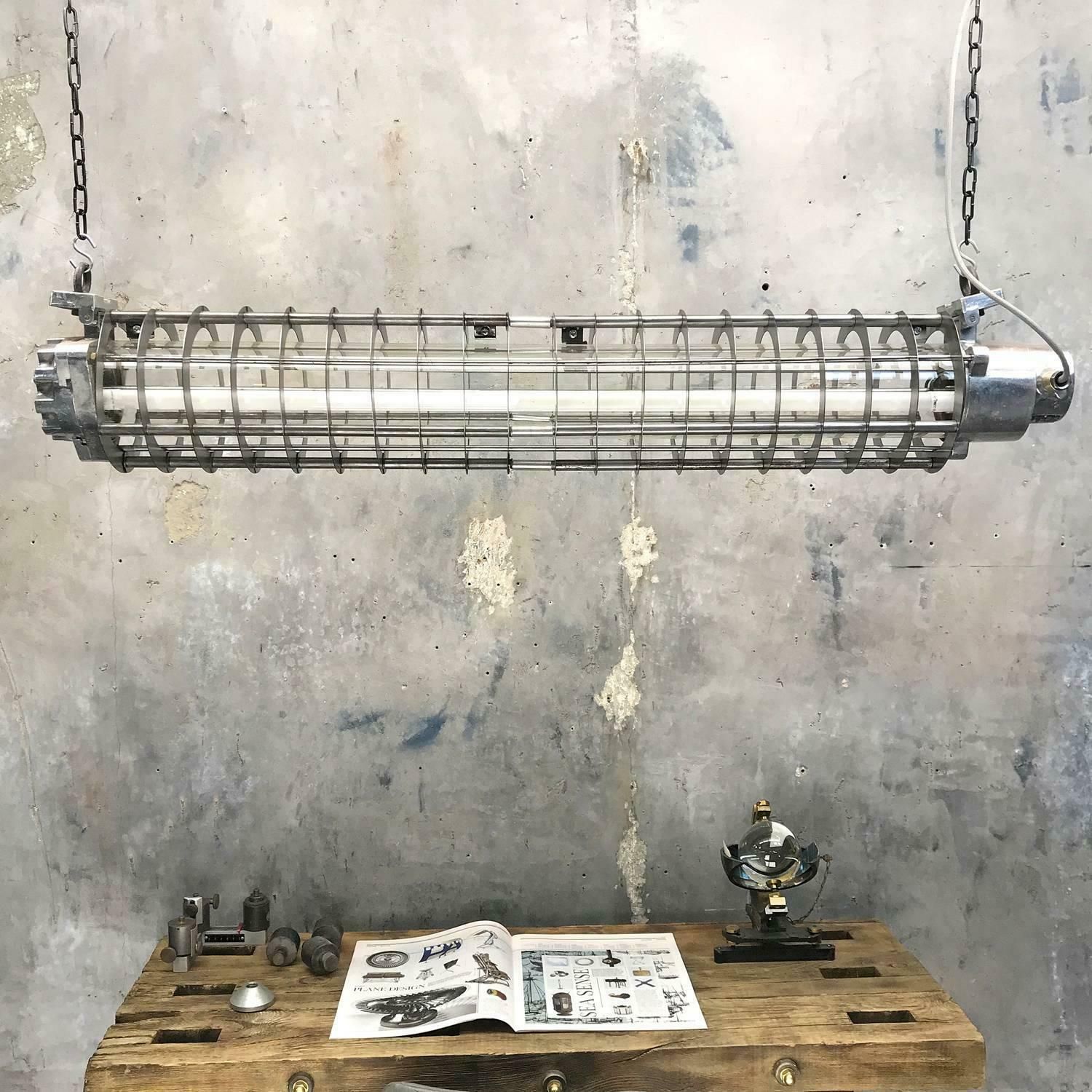 1970s German Cast Metal Explosion Proof Strip Light With Glass And Steel Shade photo buy