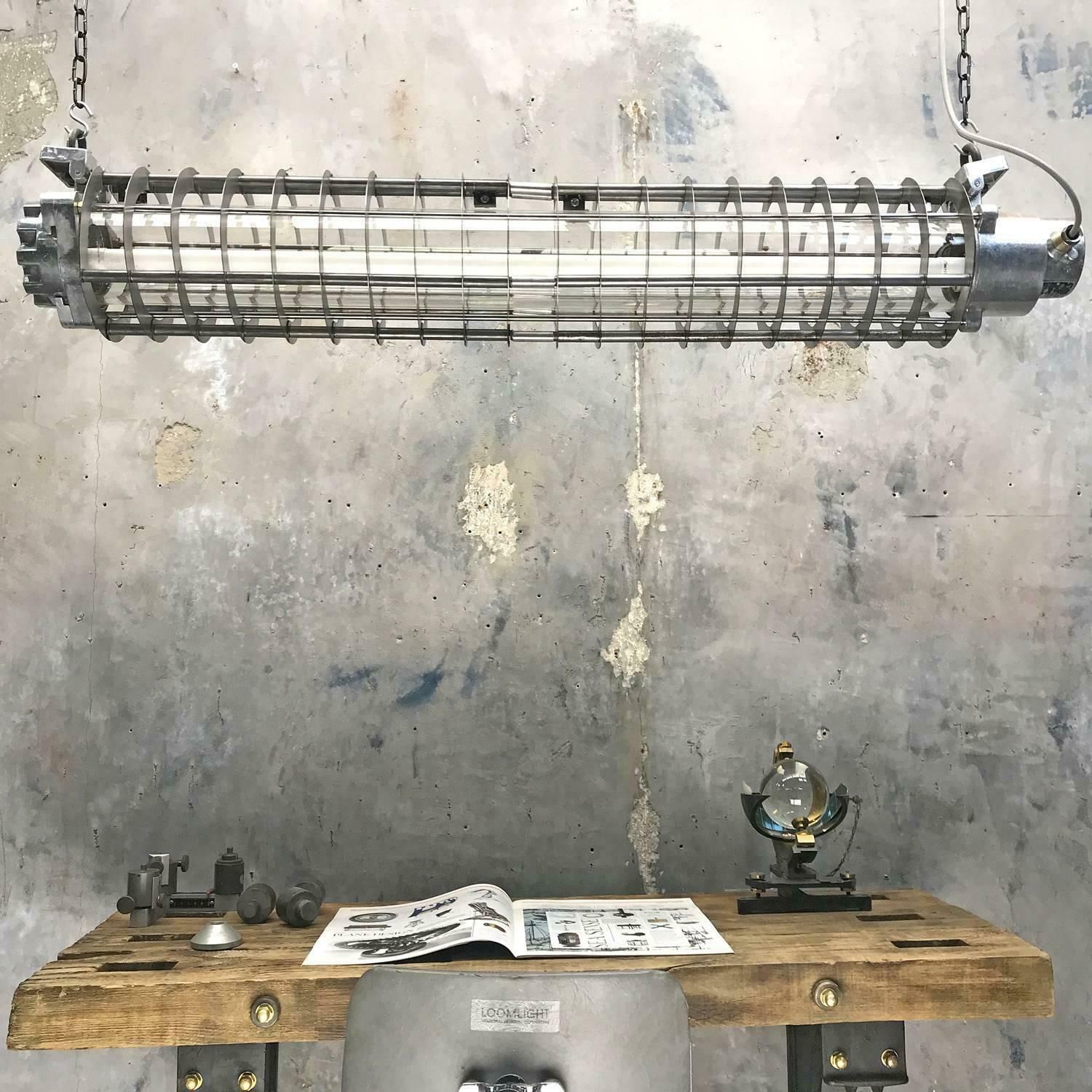 1970s German Cast Metal Explosion Proof Strip Light With Glass And Steel Shade photo vintage