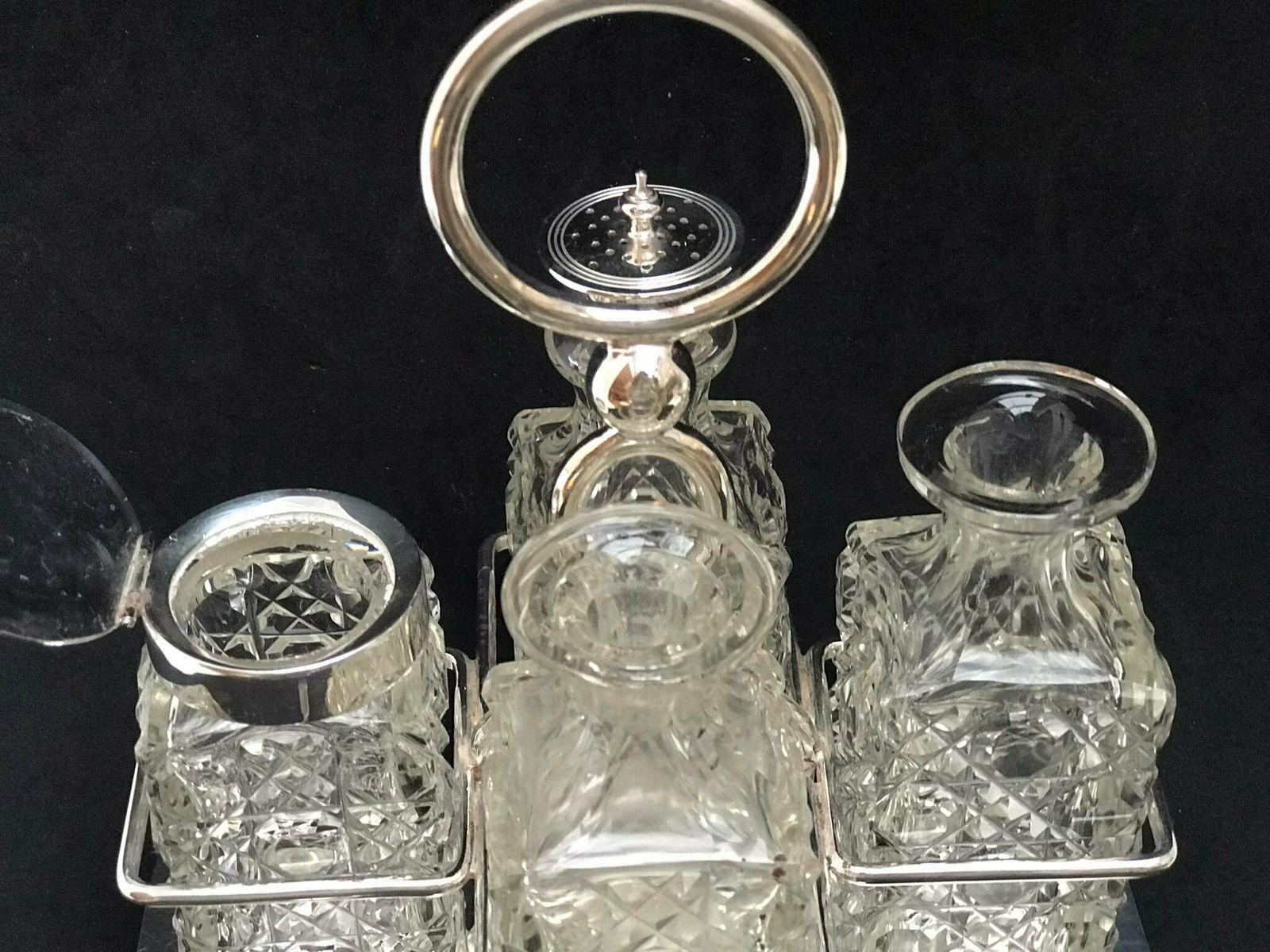 Condiment Cruet Holder Caddy Spice Set Victorian Silver Plated Glass Antique English Tableware Oil Mustard Vinager Luxury Wedding Gift photo for sale