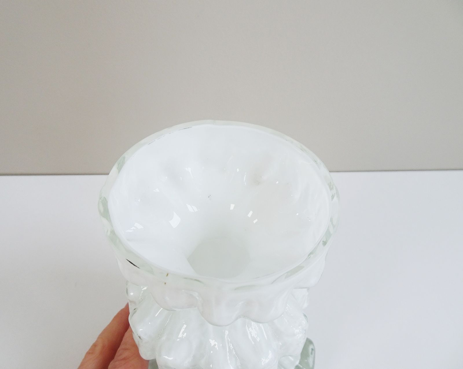 White Ingrid Glass Vase By Glashütte Kurt Wokan   70s Glass Decoration photo for sale