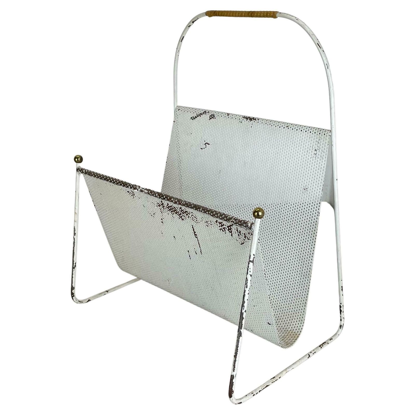 Mategot Aubock Style White Metal Hole Pattern Magazine Holder, France, 1950s