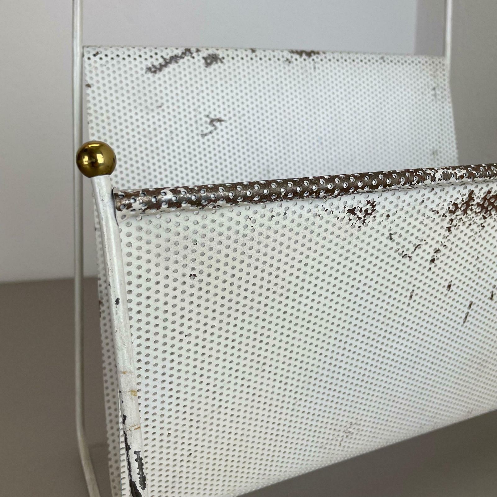 1982.0 Mategot Aubock Style White Metal Hole Pattern Magazine Holder, France, 1950s photo