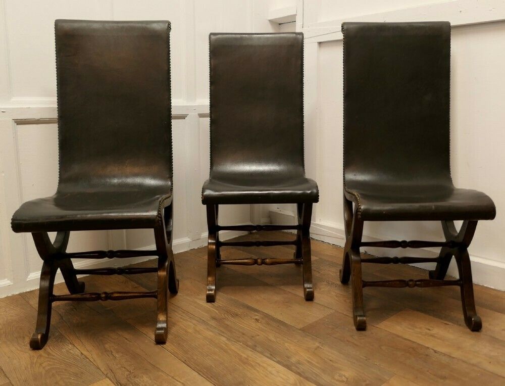 3 Matching Mid Century Leather And Oak Fireside Sling Chairs By Pierre Lottier
