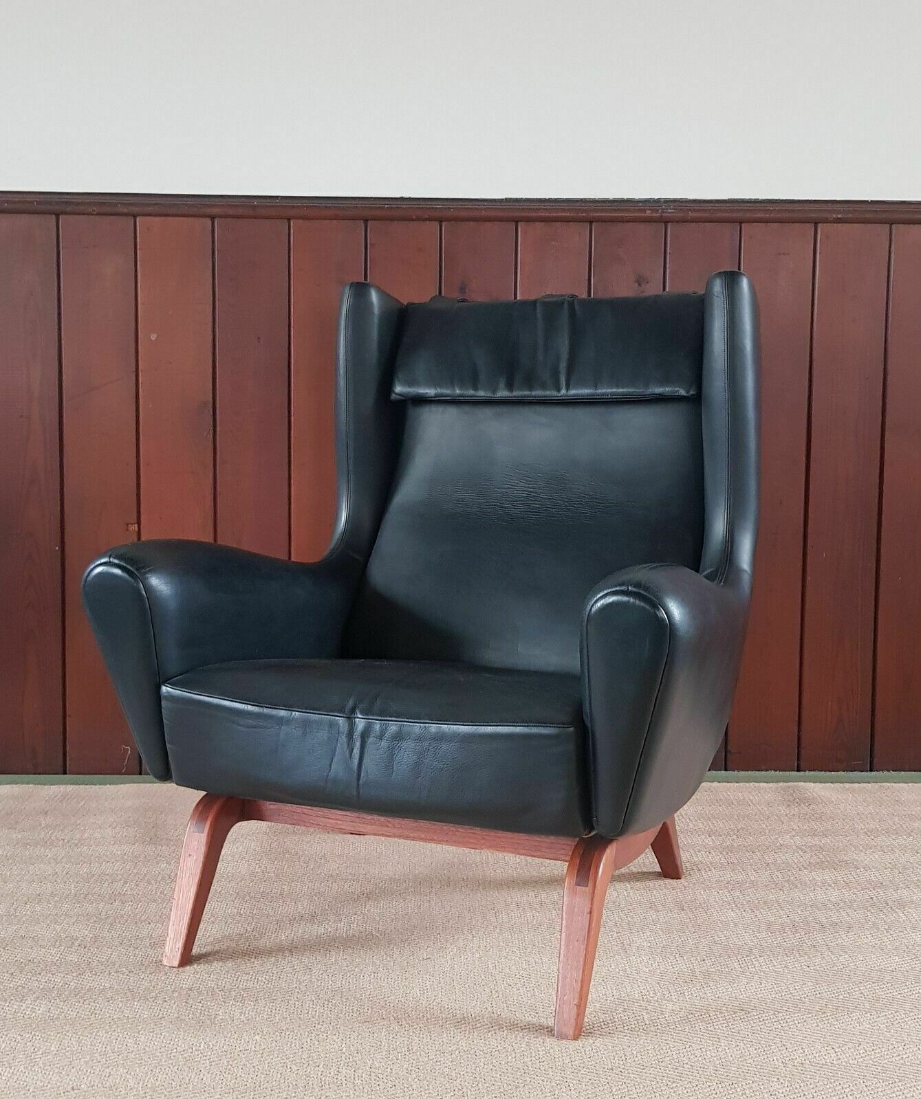 Rare 1950 Illum Wikkelso Leather Wingback Chair ''Model 110'' Teak Mid Century photo furniture