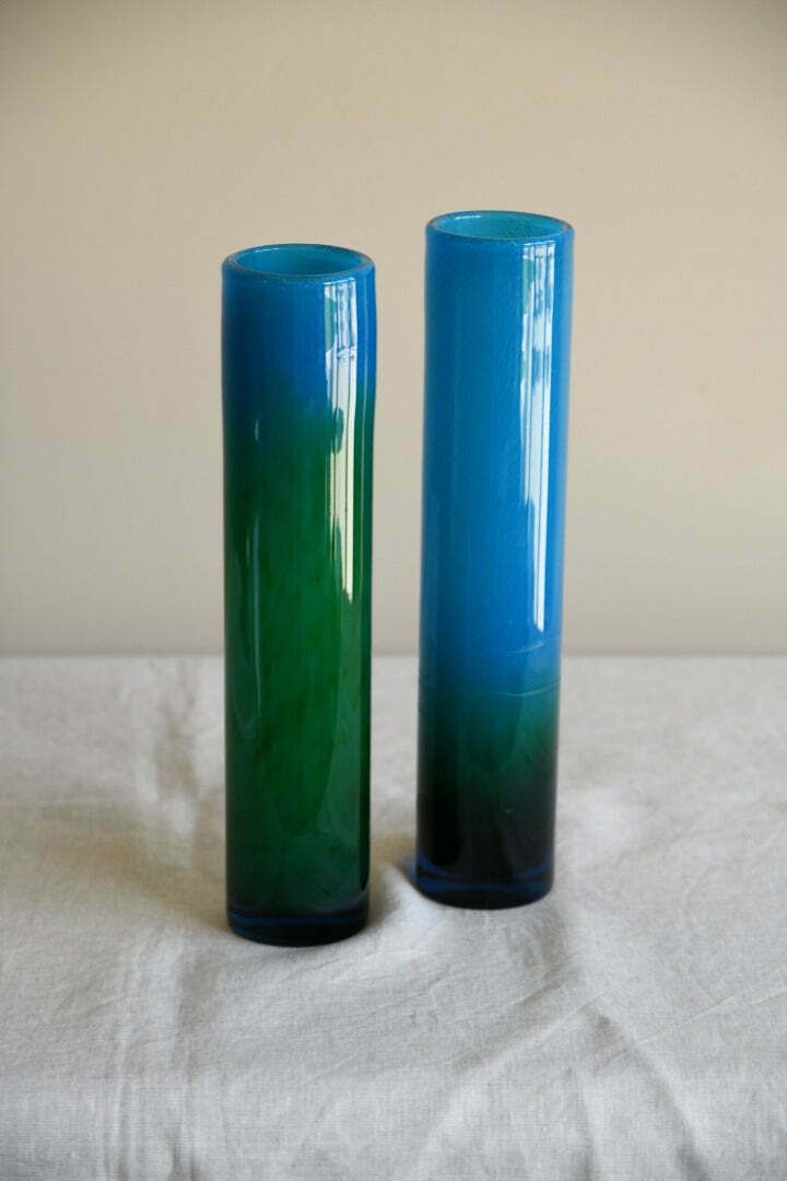 Pair Blue & Green Glass Vase John Orwar Lake Ekenas Sweden photo for sale