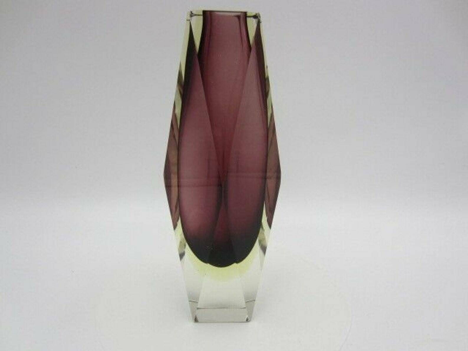 Geometric Purple And Golden Amber Murano Italy Sommerso Symmetric Art Glass Vase photo Home Decor