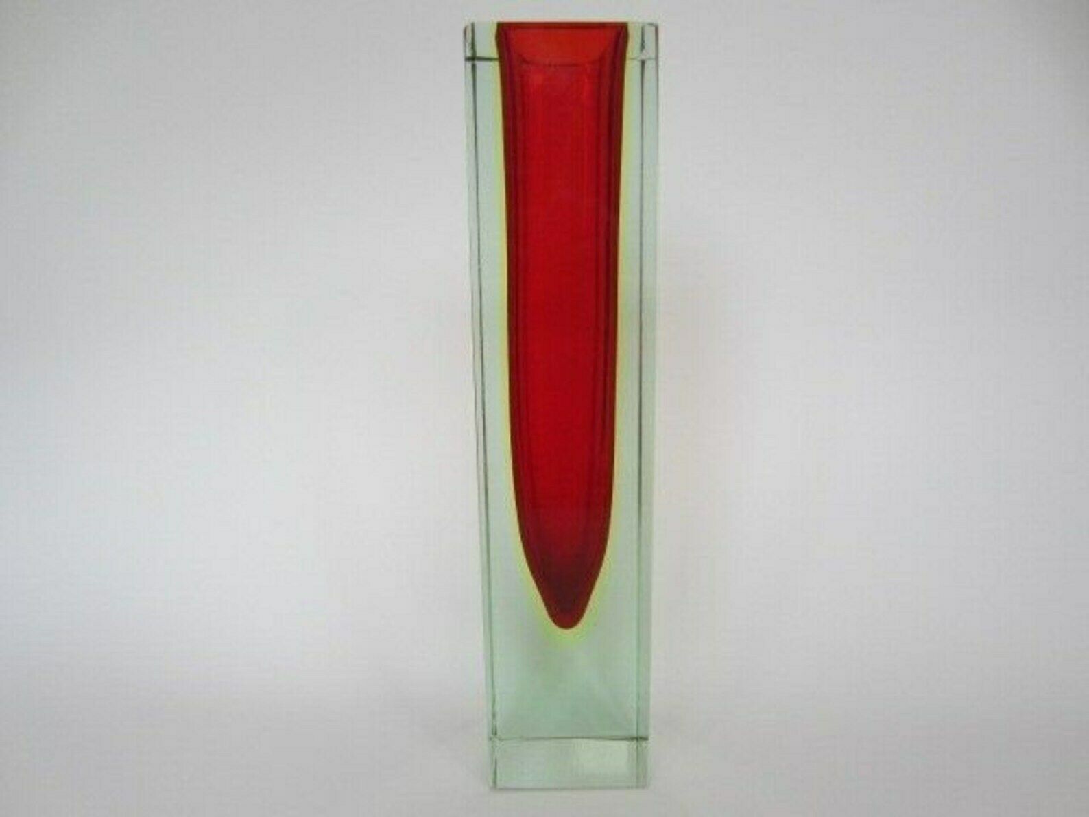 Monumental Vase Red Yellow Glowing Green Block Cut Murano Sommerso Art Glass photo vinterior