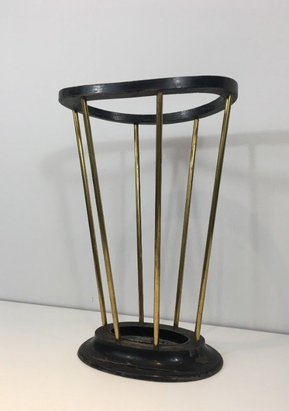 50s 29283: Attributed To Jacques Adnet. Ebonised Wood And Brass Umbrella Stand. French photo Home Decor