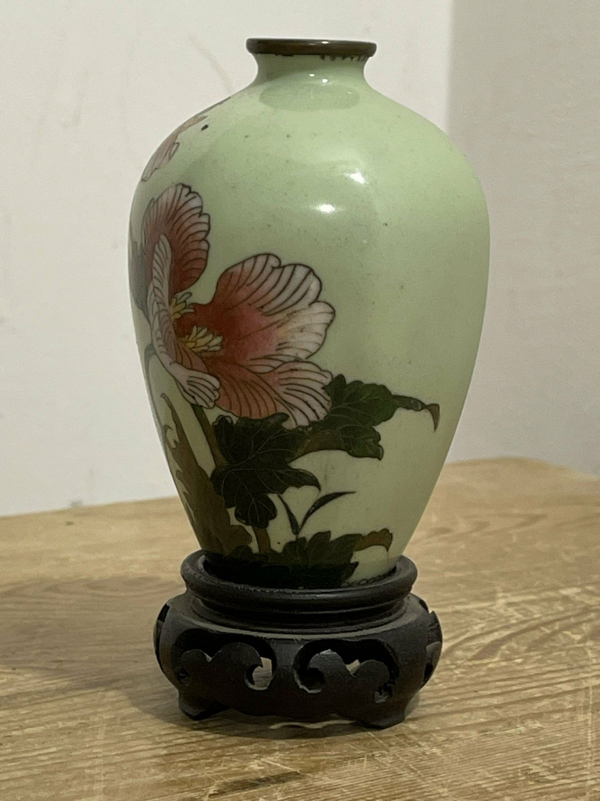 Vintage Cloisonne Miniature Vase With Wooden Base photo Home Decor