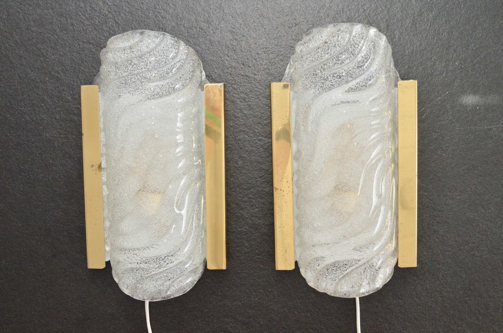 Pair Of Midcentury Brass And Iced Glass Wall Lamps By Fischer Leuchten, Germany 1970s