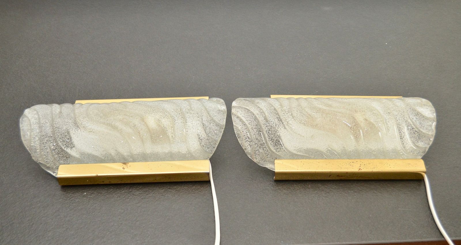 Pair Of Midcentury Brass And Iced Glass Wall Lamps By Fischer Leuchten, Germany 1970s photo buy
